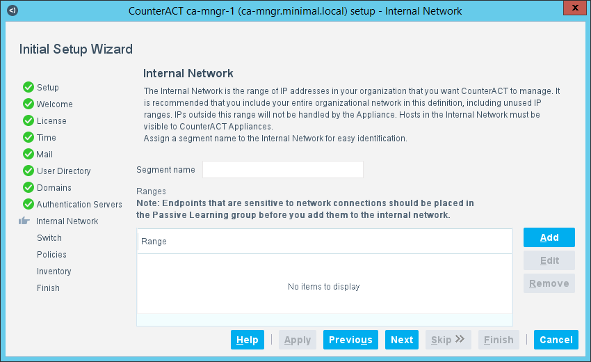 Initial Setup Wizard-Internal Network Pane