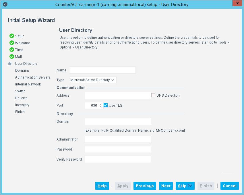 Initial Setup Wizard-User Directory Pane